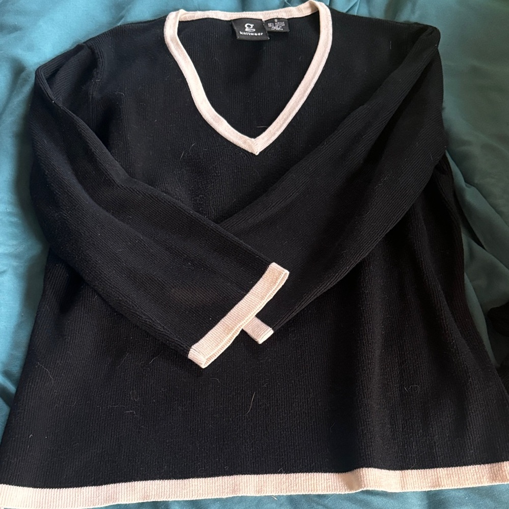 Black V-Neck Sweater with Cream Trim
